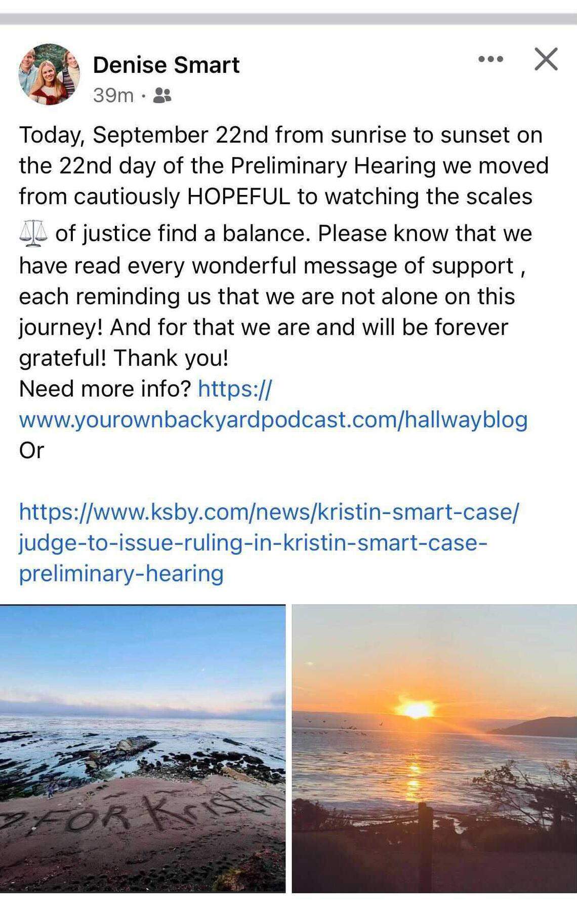 Kristin Smart’s mother, Denise Smart, posted some brief comments on Facebook after the judge said the prosecution had presented enough evidence to move the case against Paul Flores to trial.