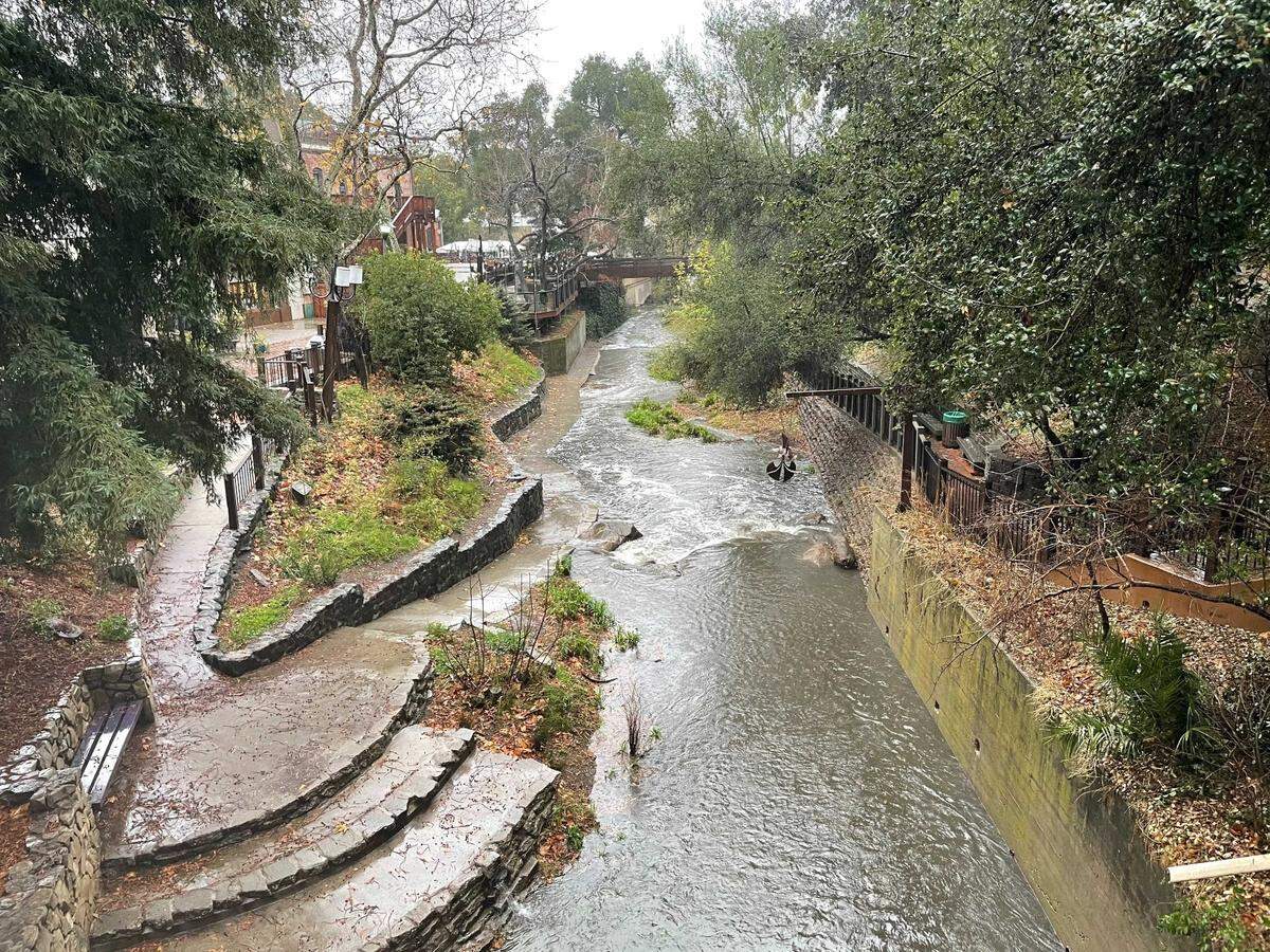 Storm water swells San Luis Obispo Creek in downtown San Luis Obispo on Wednesday, Jan. 27, 2021.