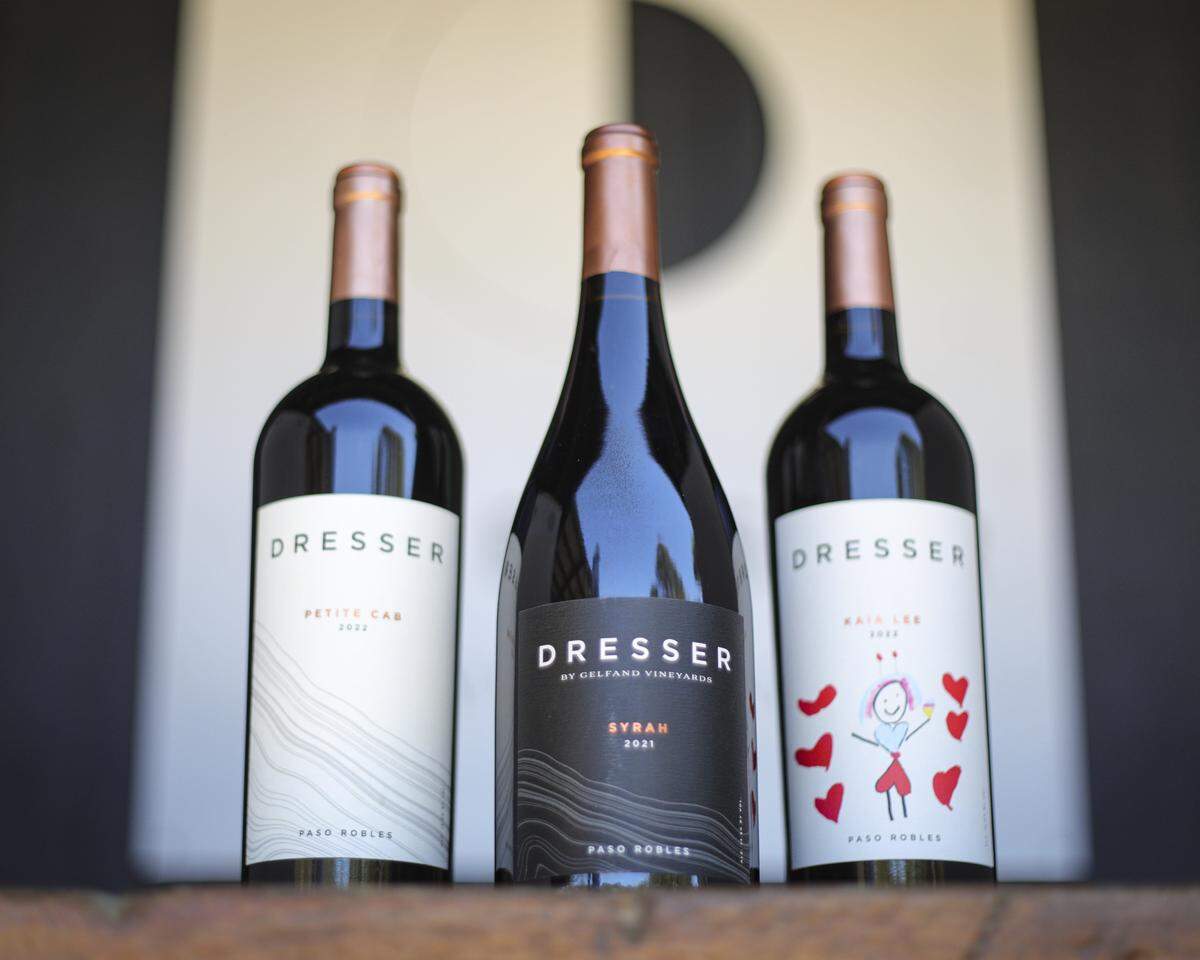 Some Dresser Winery wines, seen here on. Aug. 28, 2025 from the left Petite Cab a Blend of 60% Petite Sirah &amp;amp;amp; 40% Cabernet Sauvignon., Syrah, and Kaia Lee, named for the owner's daughter, a blend of 60% Zinfandel, 30% Malbec, and 10% Syrah.