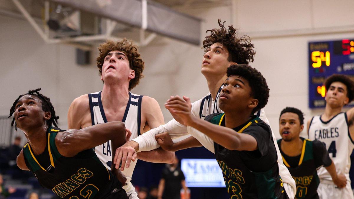 Looking for a rebound are from left, Tarynce Price, Aiden Blan, Aiden Peralta and Shane Hurley. Arroyo Grande fell 76-62 to Blair in the first round of 2023 Division 4 CIF State Boys Basketball Championships on Feb. 28, 2023.