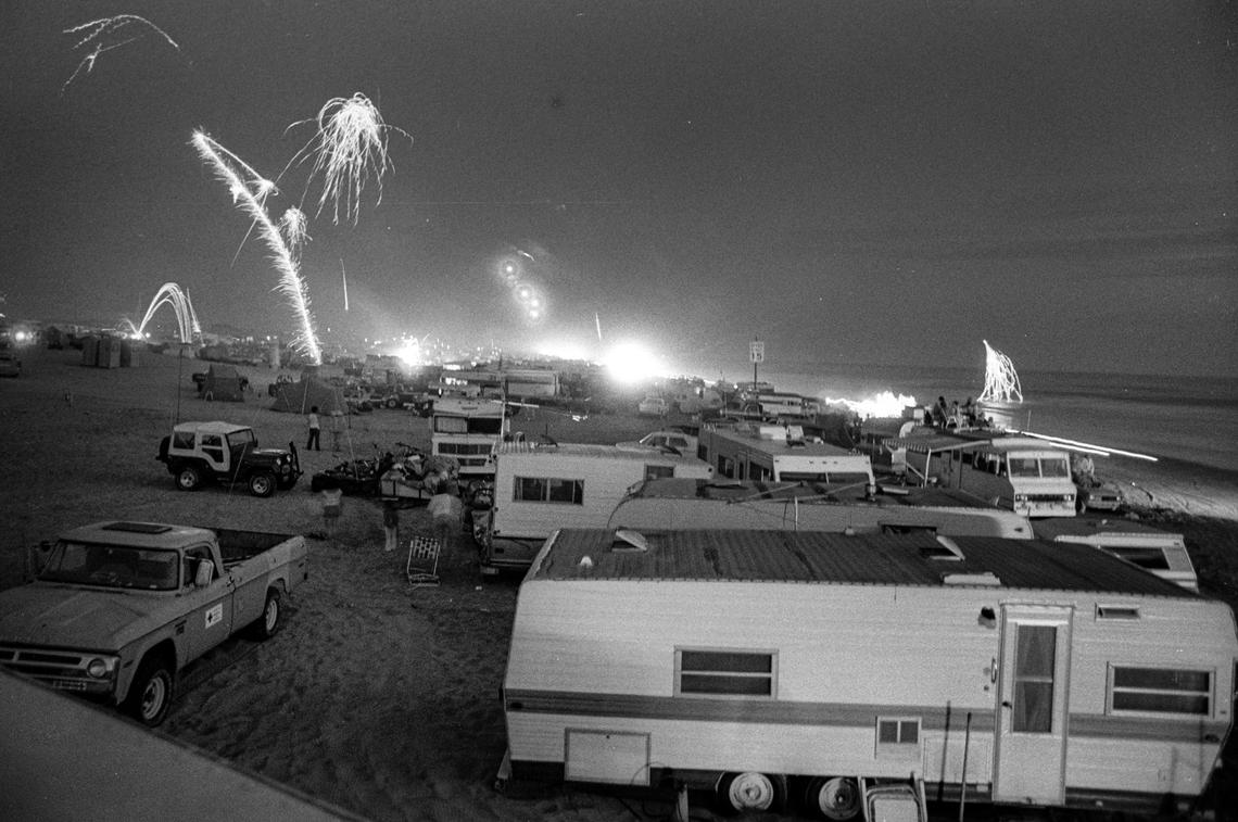 Fireworks above the dunes on Independence Day. Now called Oceano Dunes SRVA, the Pismo Dunes State Park was busy July 4, 1981.