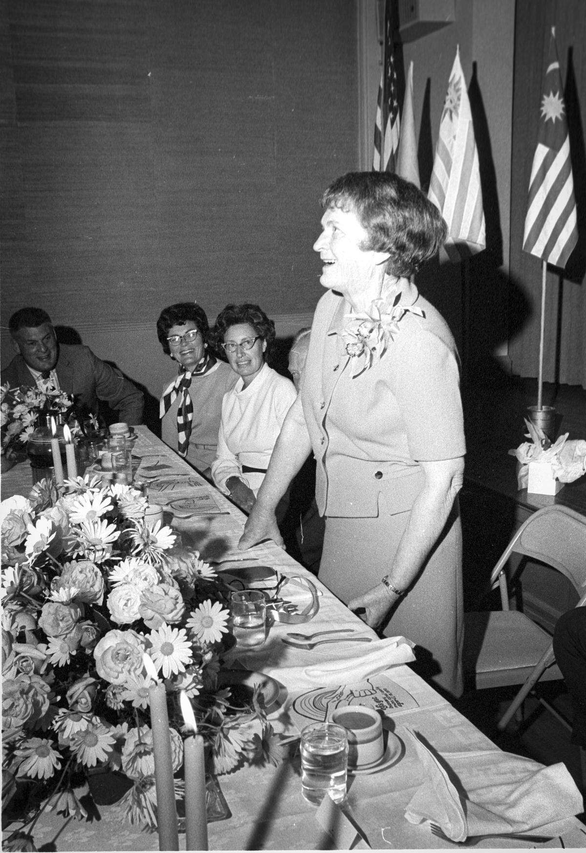 Ethel Cooley, often called San Luis Obispo’s goodwill ambassador, was honored by a Monday Club surprise birthday party on April 20, 1970, with about 110 guests. A scrapbook was presented to her with letters and pictures from the 57 exchange students who had participated in the programs at San Luis Obispo High School.