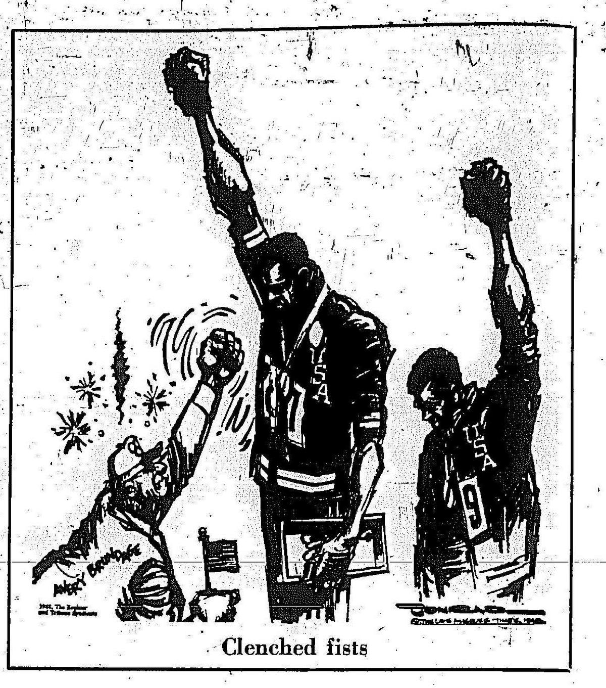 Paul Conrad illustrated the conflict when politics and sports overlap with clenched fists at the Olympics published on Oct. 24, 1968.
