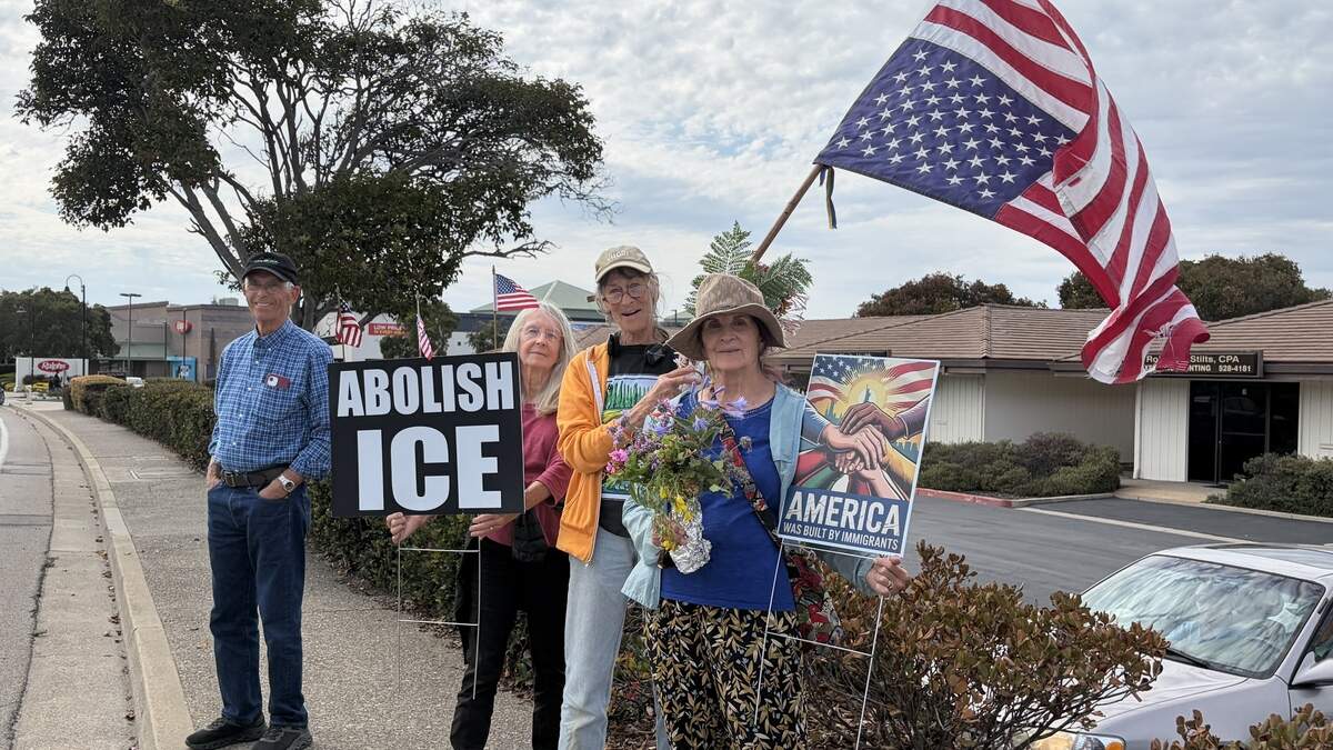 Estero Bay Indivisible organized a vigil at the corner of Los Osos Valley Road and South Bay Boulevard on July 13, 2026, to protest the killing of Lorenzo Salgado Araujo in Houston, Texas, on July 7, 2026. Los Osos residents Bruce Powers (left), Colleen Powers, Linde Owen and Jinnyann Paplior-Elder joined the protest.