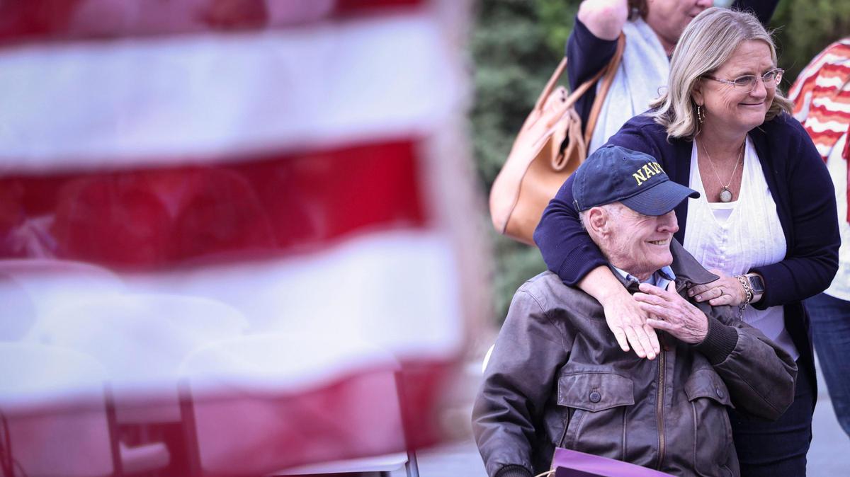 Donna Gisbert gives her uncle Cecil Daly a hug. Daly is a Korean War veteran who served in the U.S. Navy. Over 150 people attended the Veterans Day celebration at the San Luis Obispo Veterans Memorial Building on Nov. 11, 2024.