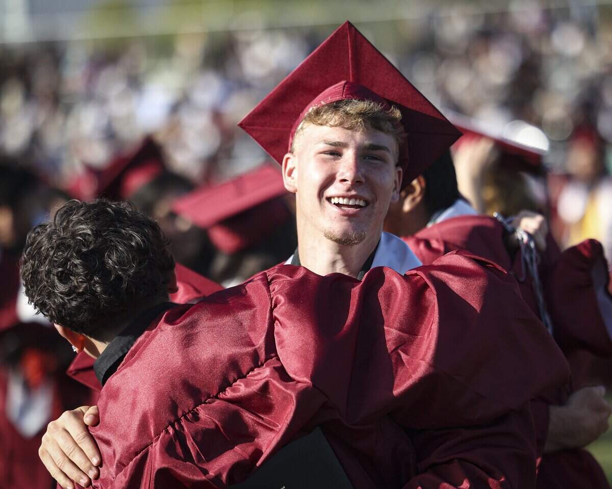 Jacob Bird was one of dozens of students who shared hugs at the end of the ceremony. Nipomo High School issued diplomas to 198 graduates on June 5, 2026.
