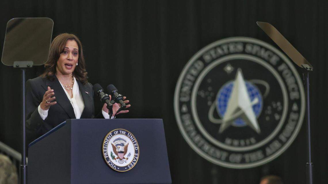 U.S. Vice President Kamala Harris speaks at Vandenberg Space Force Base near Lompoc on Monday, April 18, 2022.