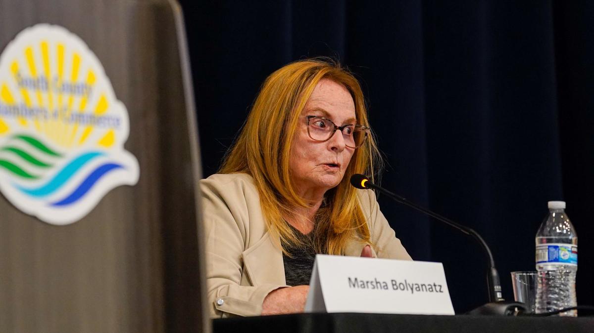 Grover Beach District 3 City Council candidate Marsha Bolyanatz speaks at a forum hosted by the League of Women Voters Tuesday, Sept. 17, 2024.