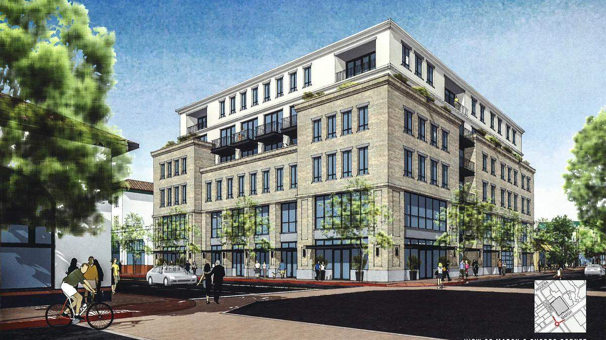 A rendering of the proposed 1144 Chorro St. project shows how the building would look from the corner of Marsh and Chorro streets.