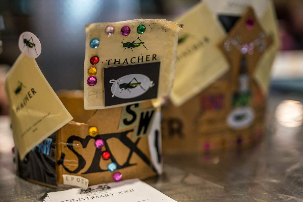 Cardboard crowns go to the winners of an Anniversary Ale blending competition at Firestone Walker Brewing Co. in Paso Robles.