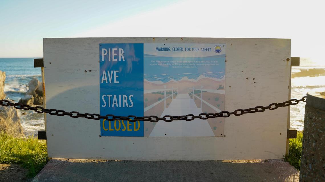 Though the Pier Avenue beach access stairs in Pismo Beach near Margo Dodd Park have been closed since late 2022, plenty of people still ignore warning signs, getting around the boarded up entrance to reach the beach below, pictured here Tuesday, Feb. 25, 2025.