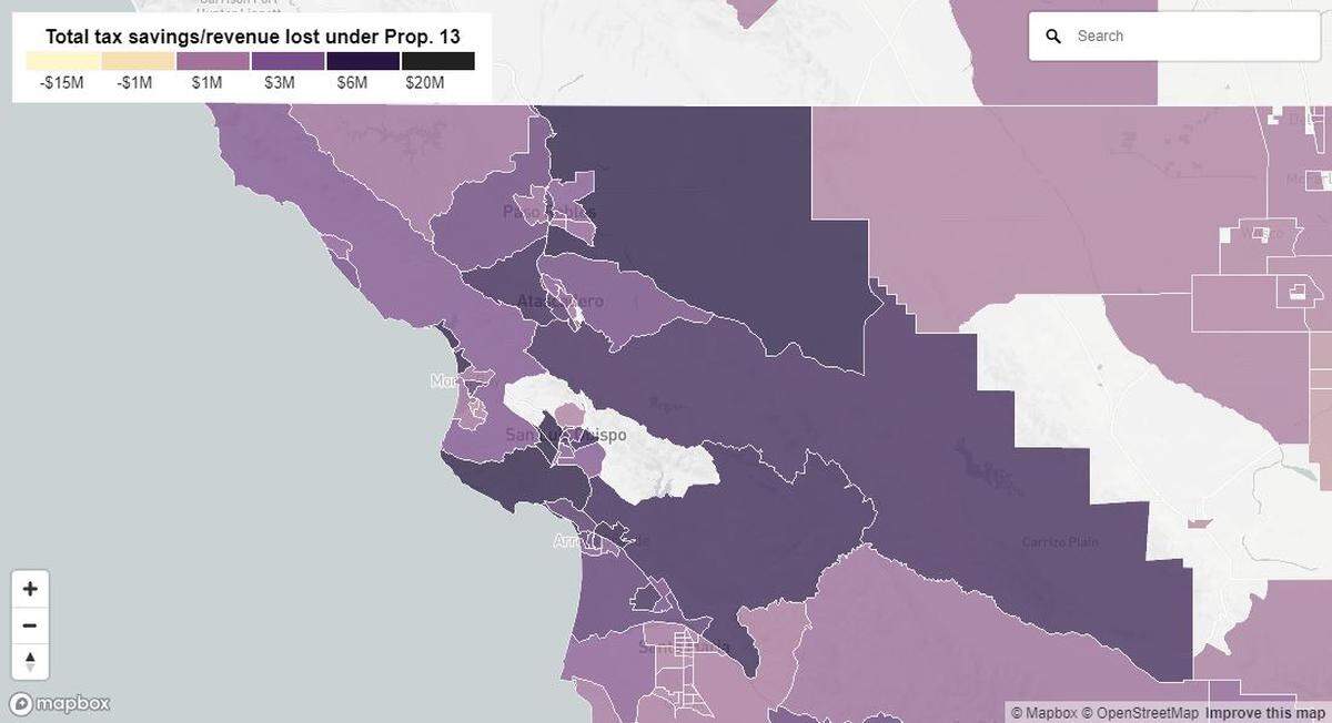 A Prop. 13 map created by CALmatters shows how much SLO County homeowners saved by Census tract.