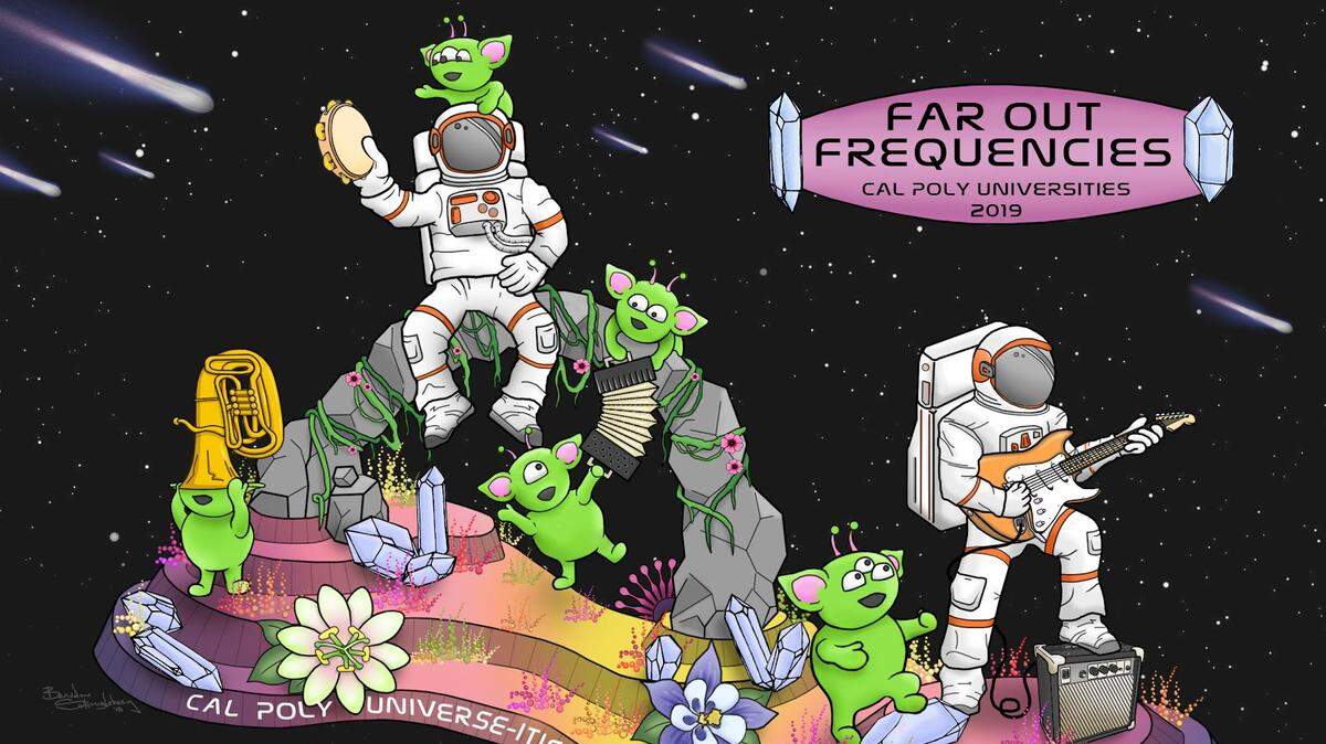 The Cal Poly Universities’ Rose Parade float is titled “Far Out Frequencies” and features a pair of astronauts and alien friends on another planet communicating through music.