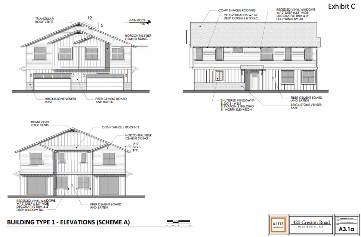 A new 24-unit duplex development from Montage Development Inc. is planned at 420 Creston Road in Paso Robles. The two-story units include 4 bedrooms and 2-1/2 baths.