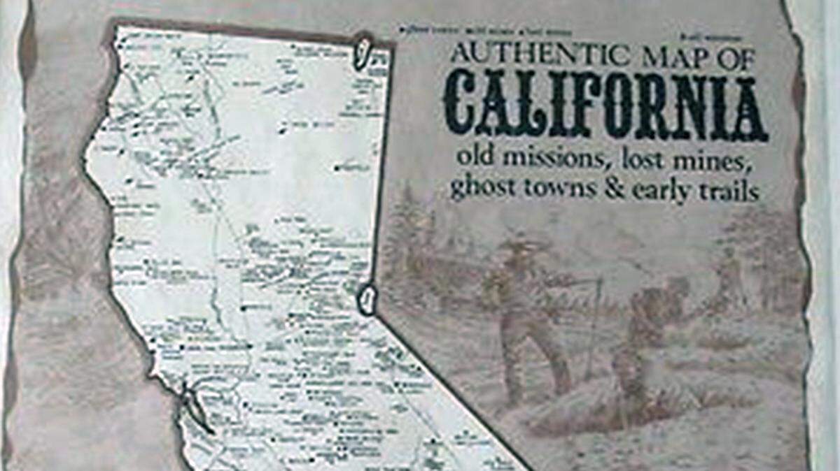 “Authentic map of California, old missions, lost mines and ghost towns,” published ad sold in the 1950s and 60s.