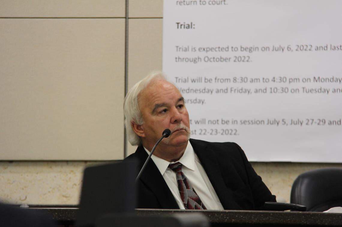 William “Bill” Hanley, who investigated the disappearance of Kristin Smart in 1996 for the San Luis Obispo County District Attorney’s Office, testifies in the trial against Paul Flores on August 11, 2022 in Monterey County Superior Court in Salinas.