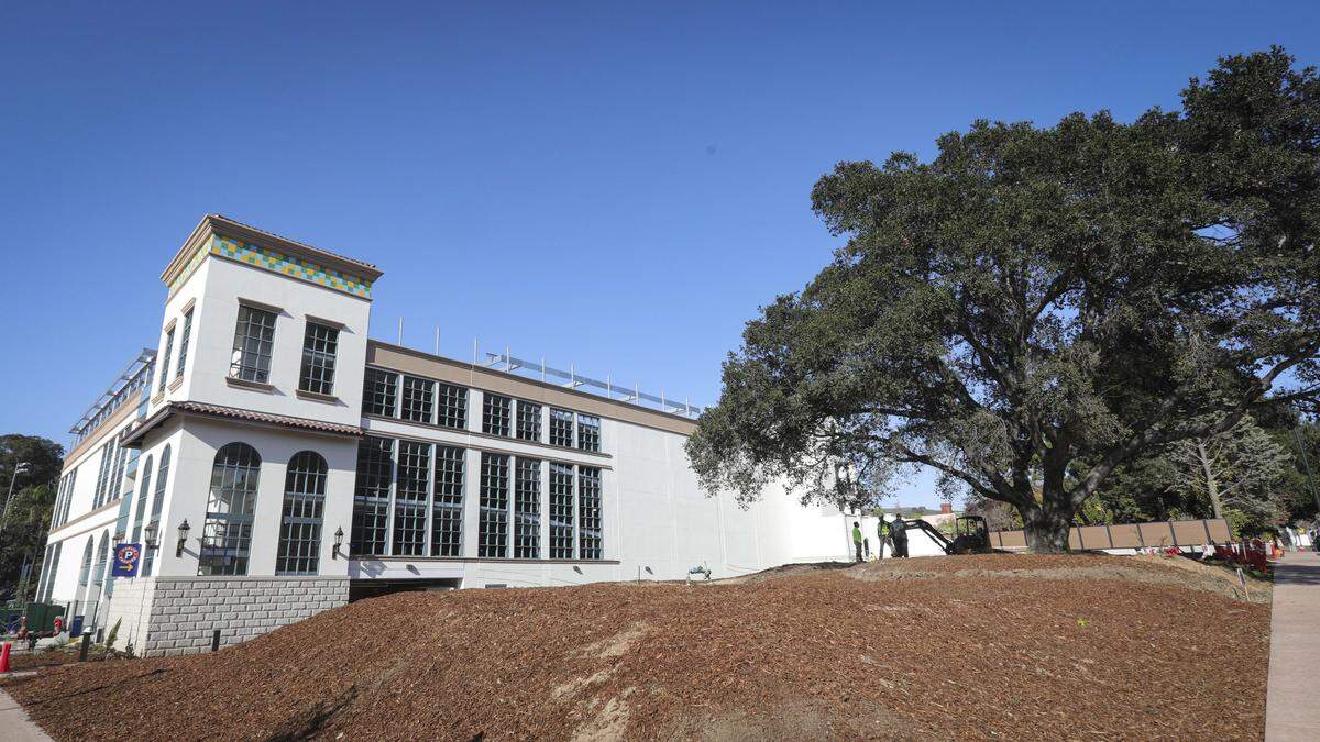 Massive oak tree fronts the property on Monterey Street. The San Luis Obispo parking garage on Palm St. next to Mission Prep is getting closer to being finished on Jan. 28, 2026.