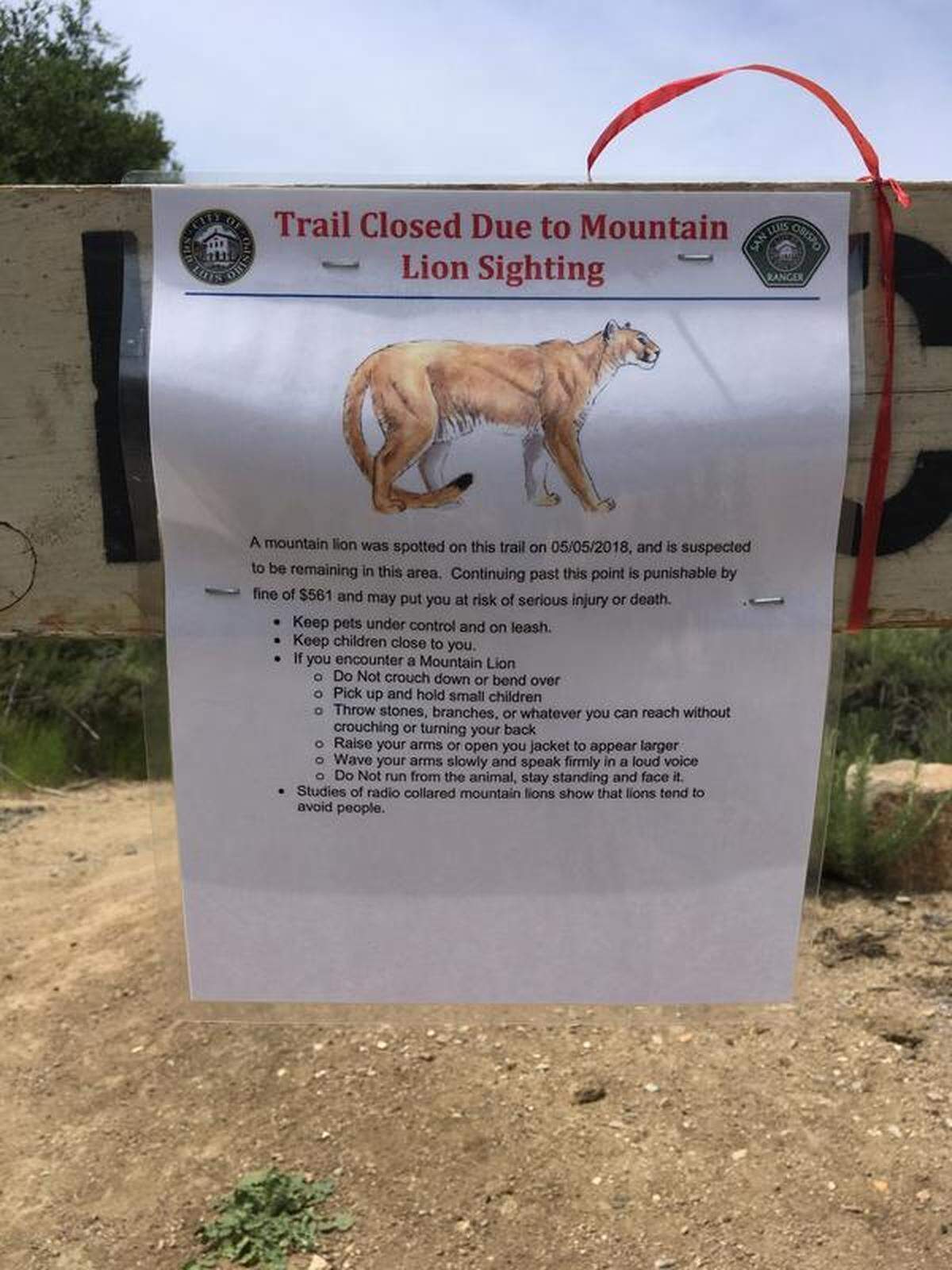 Signs posted by San Luis Obispo Parks and Recreation Department at the trailhead of Lemon Grove Loop off Hill Street warn that hikers who continue on could be fined and risk being injured or killed. Mountain lion attacks of humans are rare.