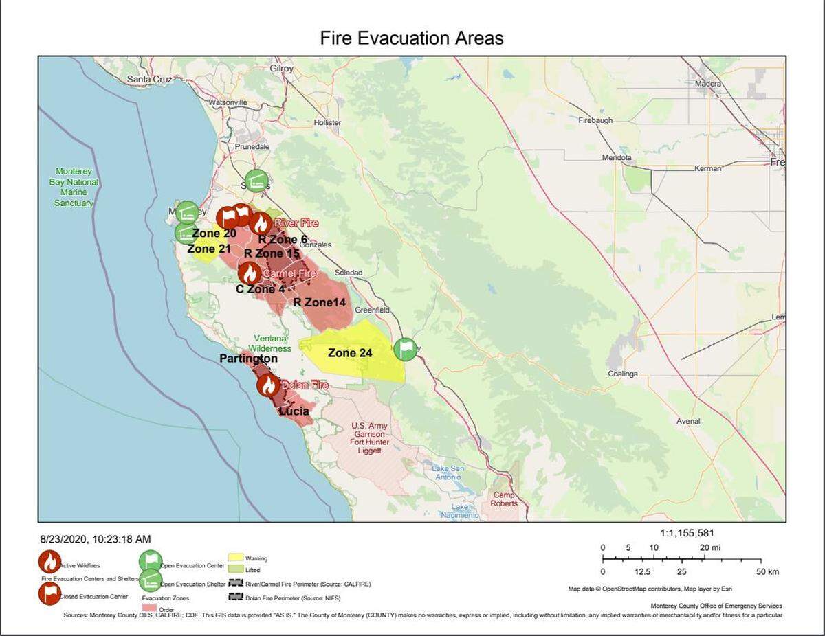 Several areas in Monterey County are under evacutation orders and warnings as of Sunday, Aug. 23.