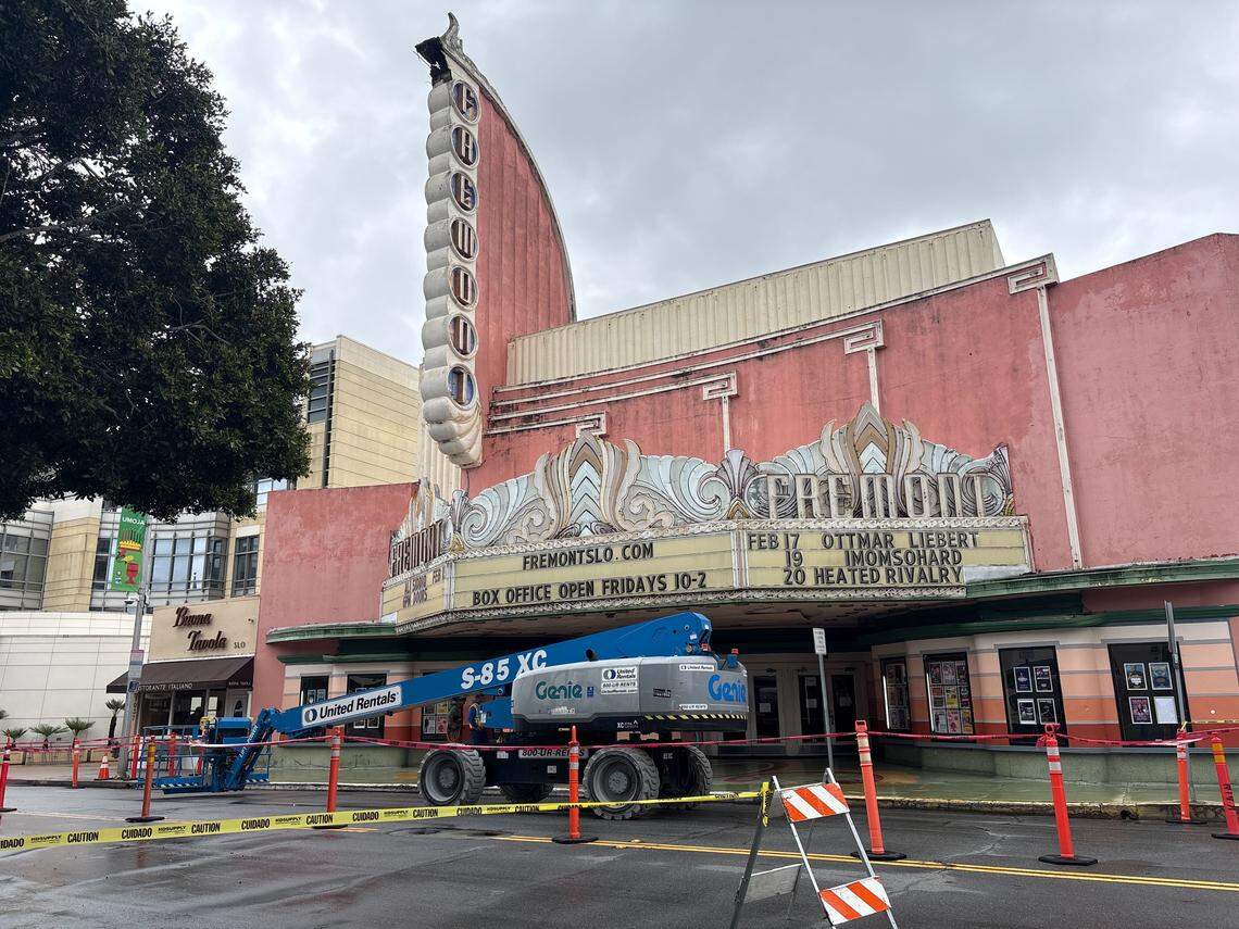 Monterey Street in San Luis Obispo was closed on Tuesday, Feb. 17, 2026, after a chunk of the Fremont Theater’s vertical marquee fell off.