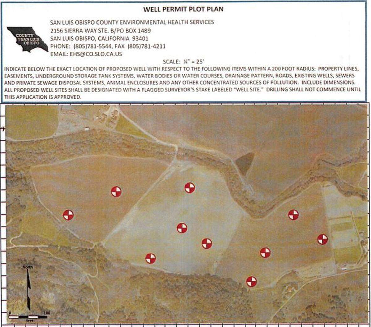 A screenshot of a portion of a permit granted to Hydrostor by the San Luis Obispo County Environmental Health Services Division shows the proposed location of 10 shallow wells. The wells, if drilled, would have been located on agriculture land near Morro Bay off Highway 1 and Canet Road. Hydrostor had also secured additional permits for three 2,000-foot-deep wells.