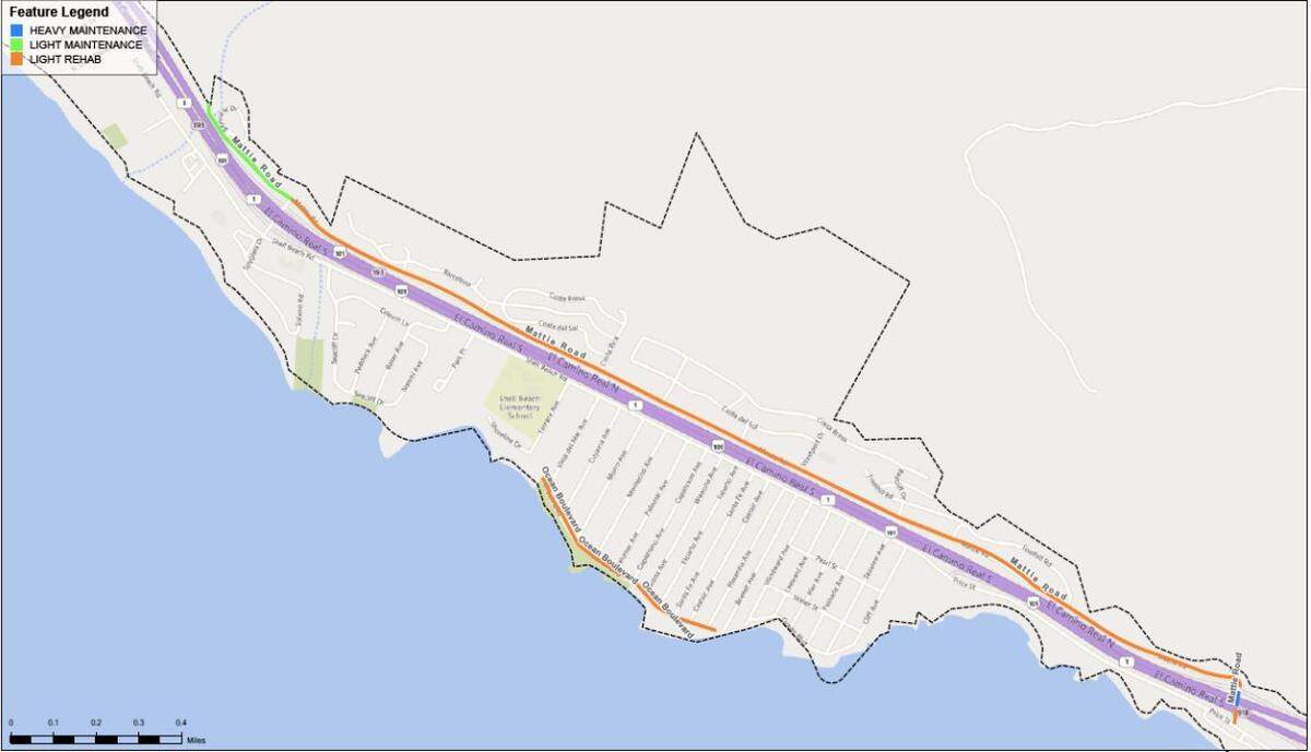 Road repairs are planned for this section of Mattie Road and Ocean Boulevard in Pismo Beach as part of the city’s paving project.