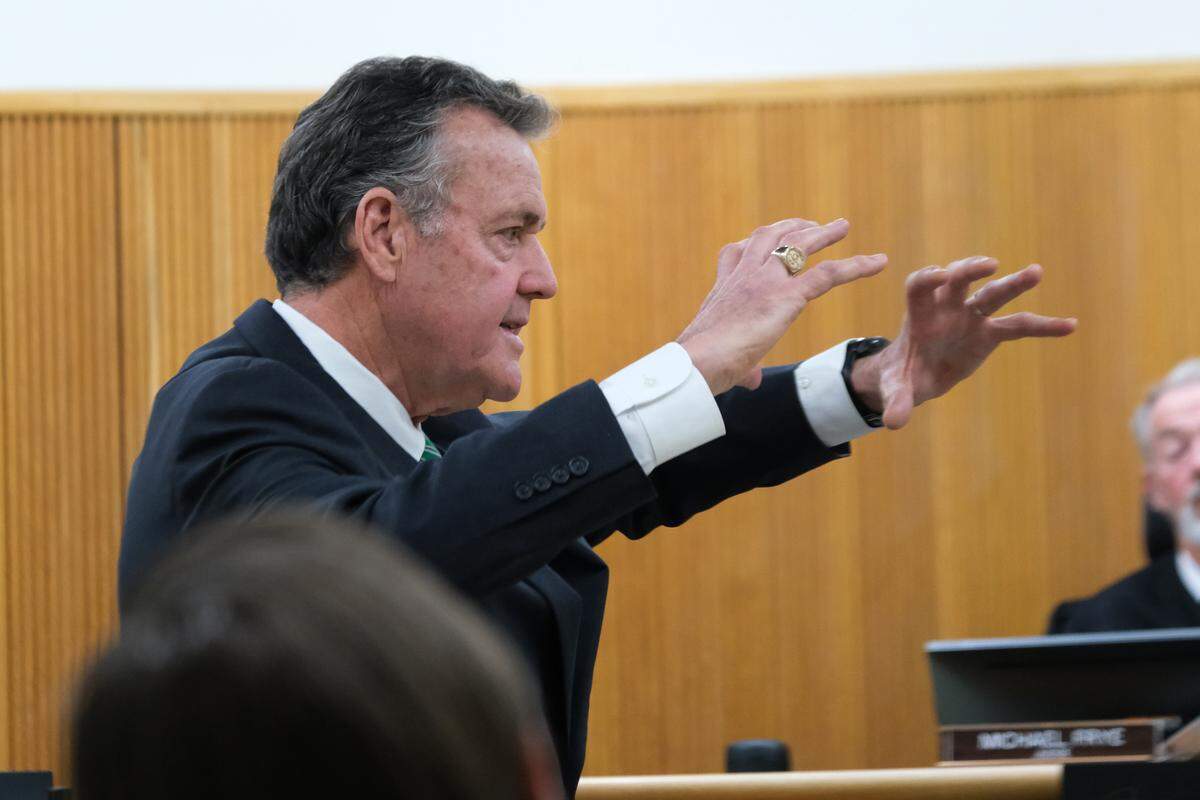 Defense attorney Paul Phillips gives jurors his closing arguments in the case against his client, Christopher Winters, on March 25, 2024. Winters is accused of driving the second car to run over Steve Leon on July 3, 2021. Leon died of his injuries.