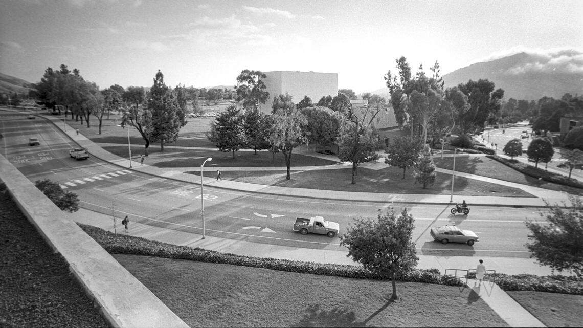This photo of the Cal Poly Auditorium, Nov. 9, 1986, now the Alex & Faye Spanos Theater, shows the site of what would become the Christopher Cohen Performing Arts Center, the complex that includes this theater.