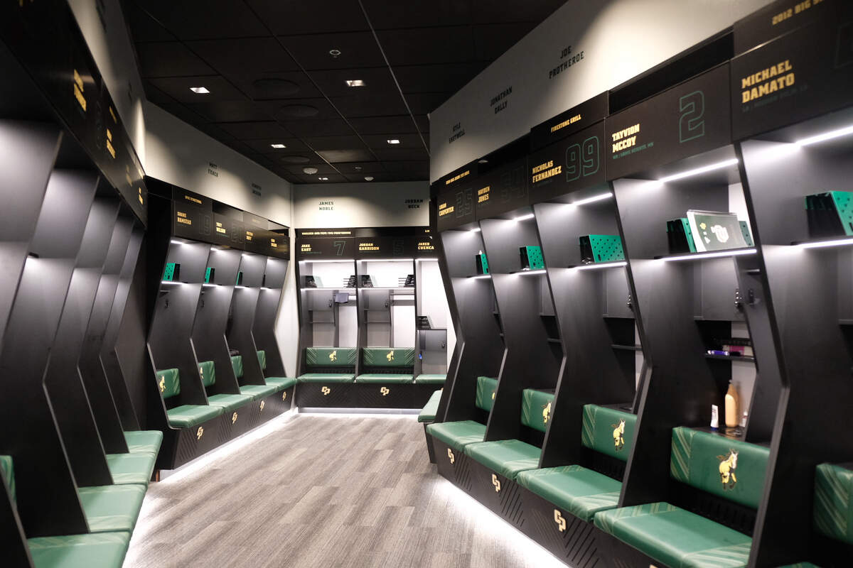 The newly unveiled John Madden Football Center features a brand new locker room for Cal Poly athletes, seen here on June 5, 2026. Each locker includes three built-in dryers: one for the helmet, one for the shoulder pads and one for the shoes.