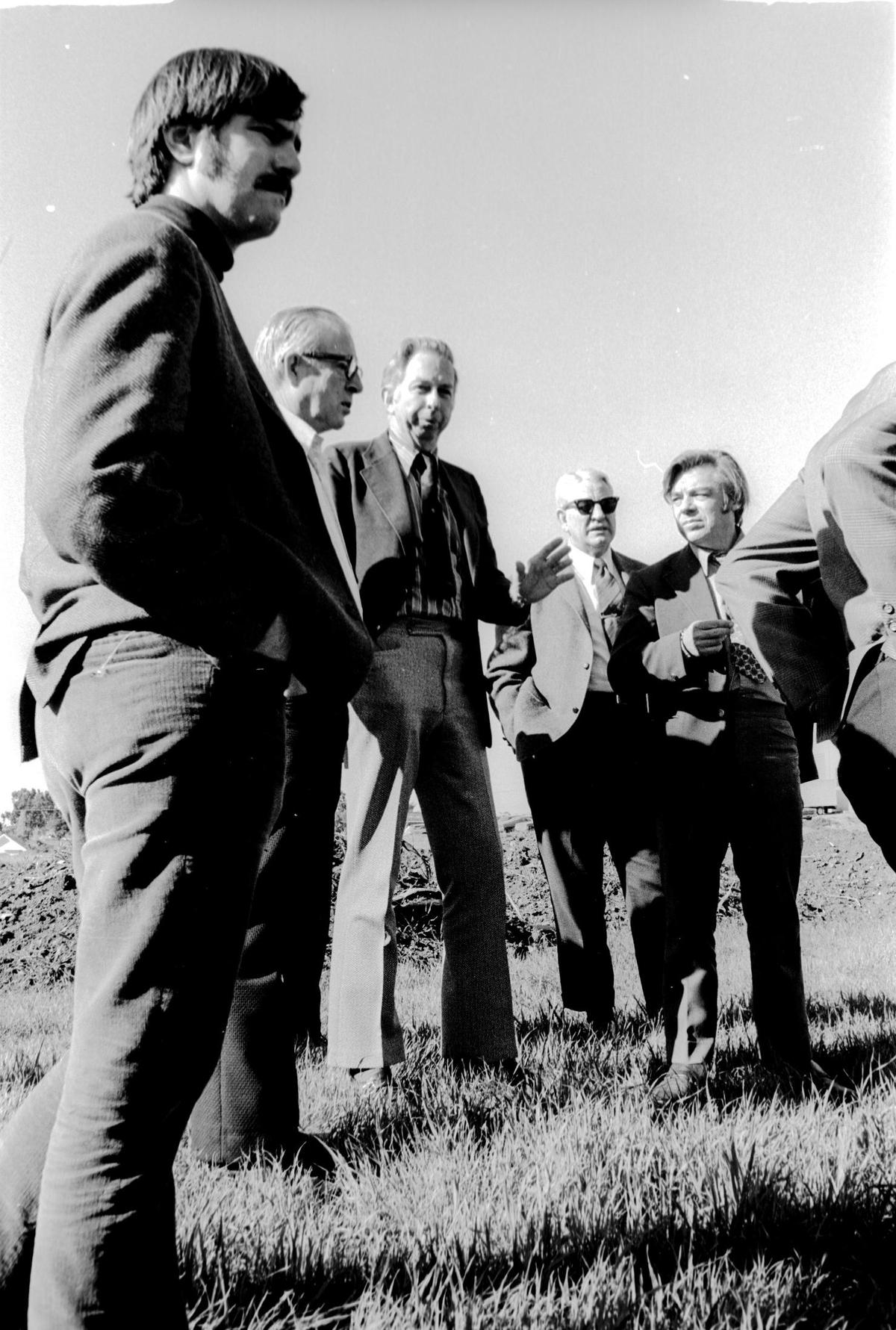 Soberly looking over San Luis Creek where trees were being felled Friday, are Councilmen Keith Gurnee and Emmons Blake, Mayor Kenneth Schwartz, Councilman John Brown and City Engineer David Romero. Not pictured, but on the walk, was Councilman Myron Graham. After flooding earlier in the month the San Luis Obispo City Council took a tour of creek work Jan. 26, 1973.