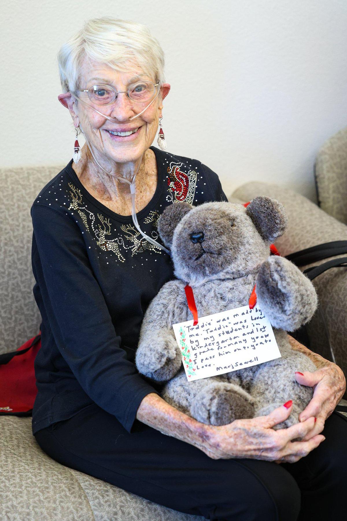 San Simeon native and retired teacher Marj Sewell, 90, is donating to Cambria Grammar School a teddy bear she made and used in her classrooms for three decades, Dec. 13, 2022.