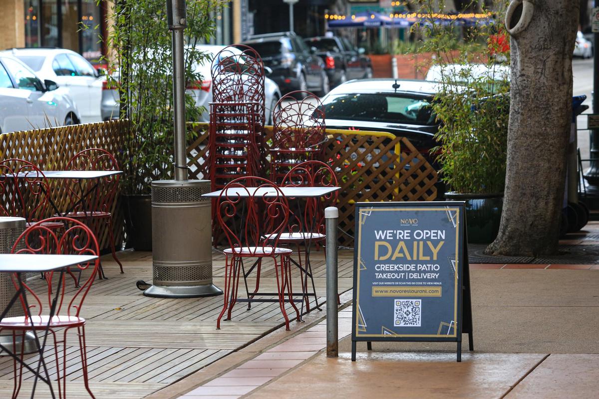 Novo Restaurant & Lounge in San Luis Obispo advertises outside dining and takeout amid coronavirus restrictions. Higuera Street in downtown San Luis Obispo was reduced from three lanes to two as pocket dining areas were installed in former parking and driving lanes.