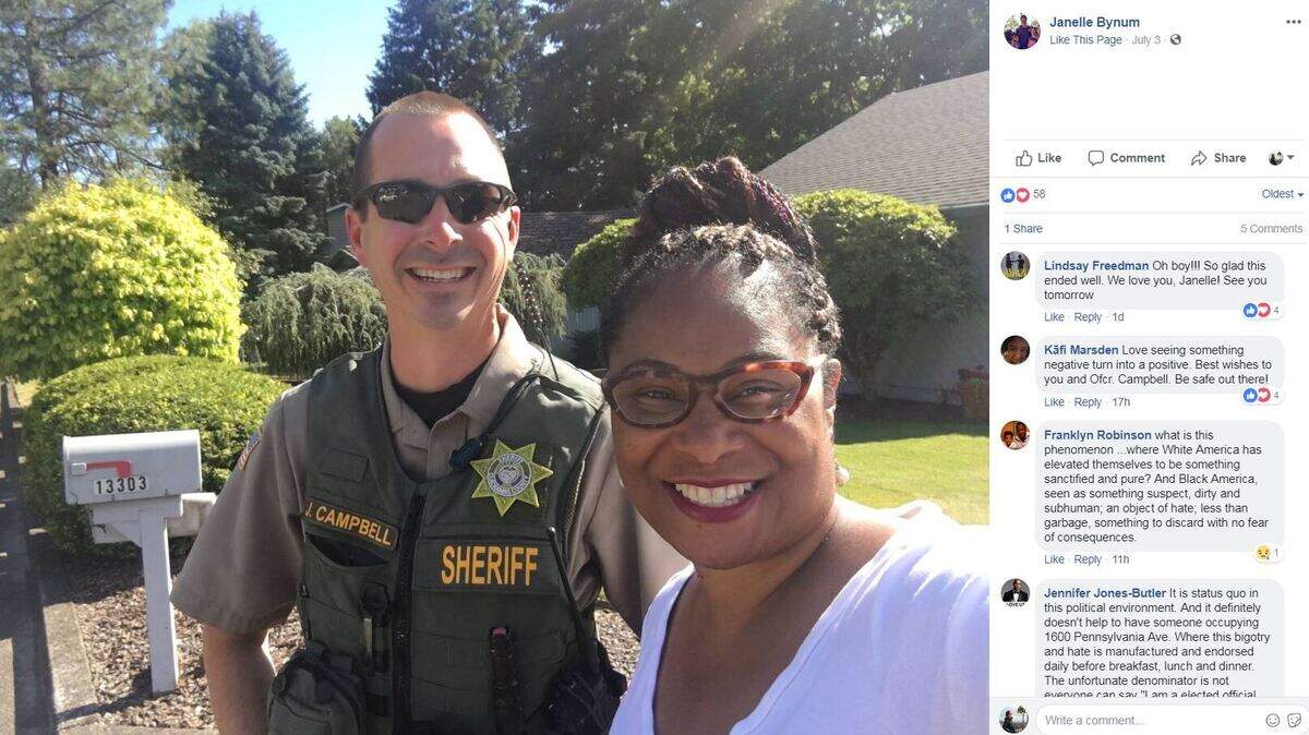 Janelle Bynum, an Oregon state representative, said on Facebook that she had the police called on her while she was canvassing a neighborhood in her district.