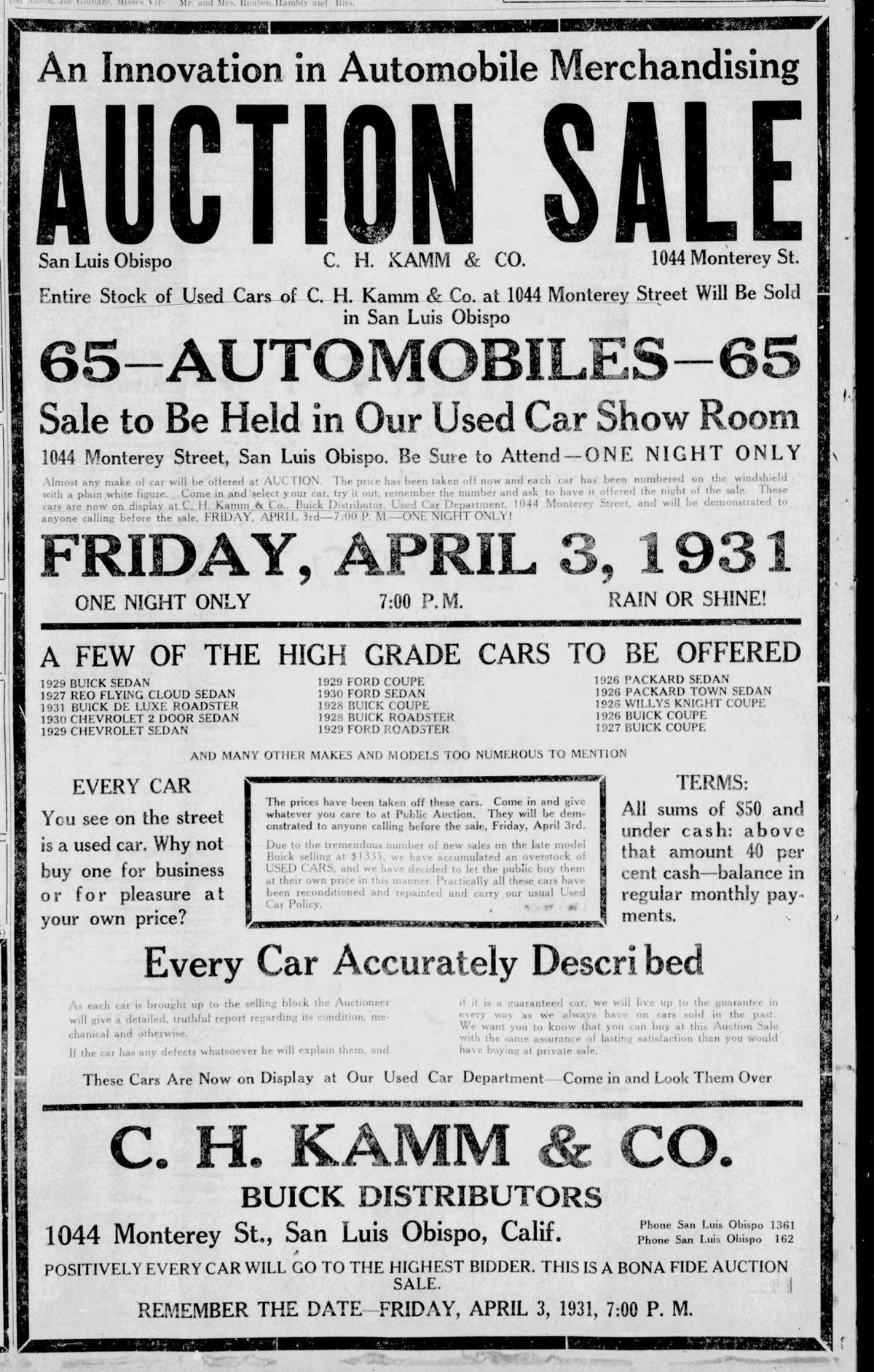 The C.H. Kamm garage at 1044 Monterey St. in San Luis Obispo advertises an auto auction in April of 1931.