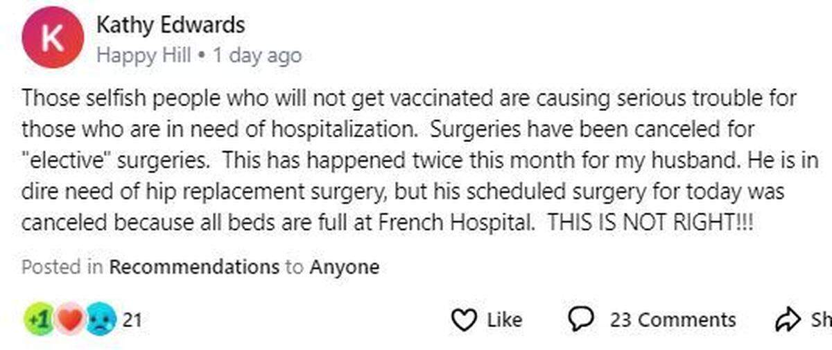 Kathy Edwards posted on Nextdoor after his husband, Paul Edwards, had his hip replacement rescheduled by French Hospital Medical Center in San Luis Obispo during the omicron surge.