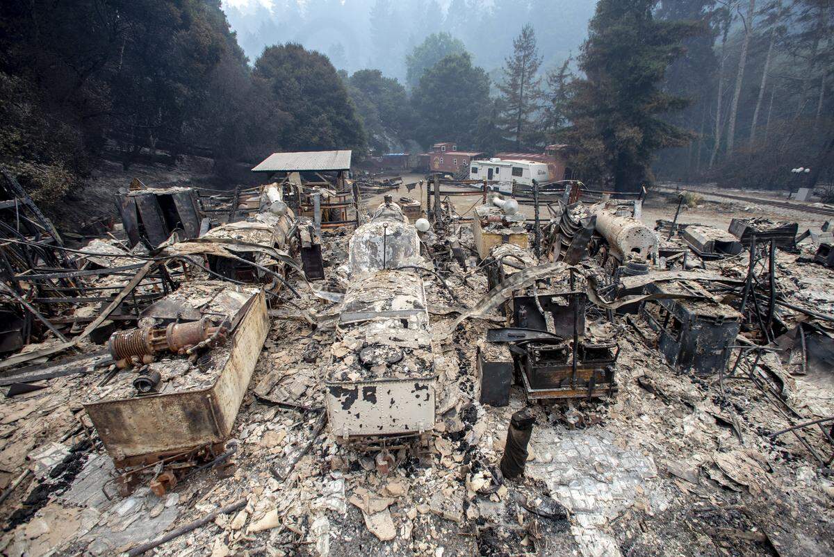 The Swanton Pacific Railroad roundhouse sits in ruins Saturday, Aug., 22, 2020, near Davenport, Calif., after it was destroyed in the CZU August Lightning Complex fire.