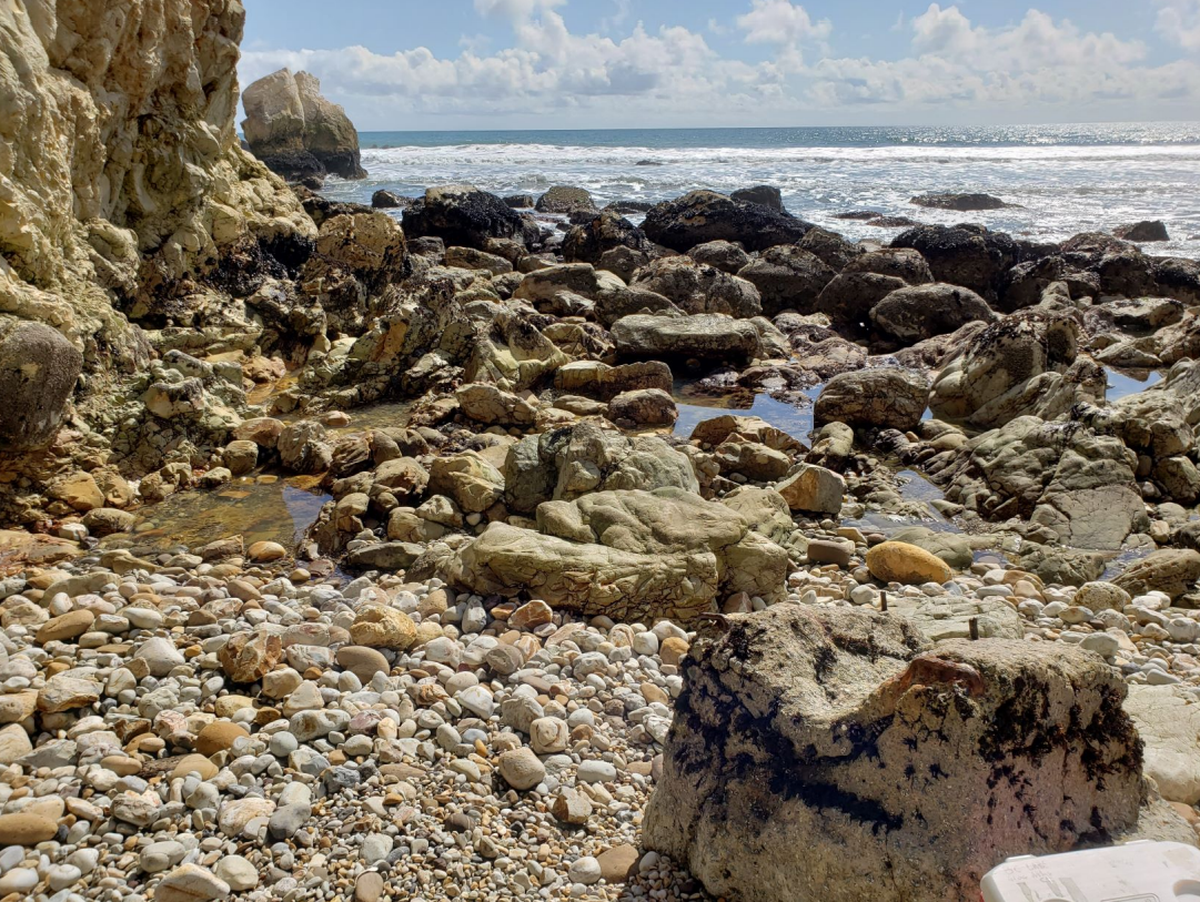 A March photo shows where the tide pools with the hydrocarbon sheen are found at Avila Beach, California.