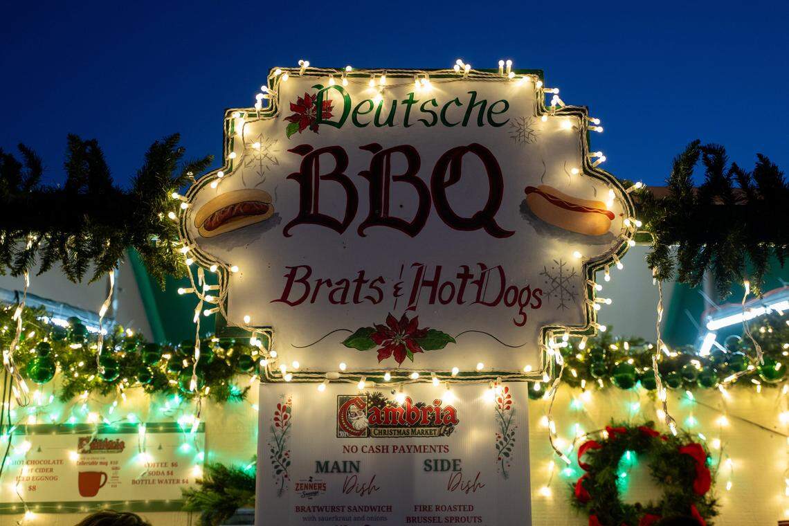 A brat and hot dog stand takes customers at the Cambria Christmas Market on Friday, Nov. 21, 2025. The annual Christmas market will open its doors on Nov. 29, 2025.