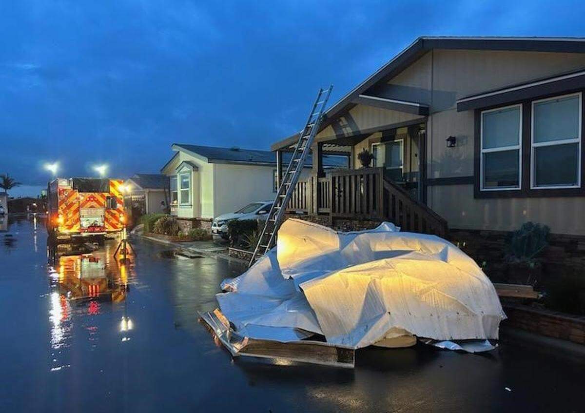 A weak tornado damaged more than two dozen residences at the Sandpiper Village mobile home park in Carpinteria on Tuesday, March 21, 2023.
