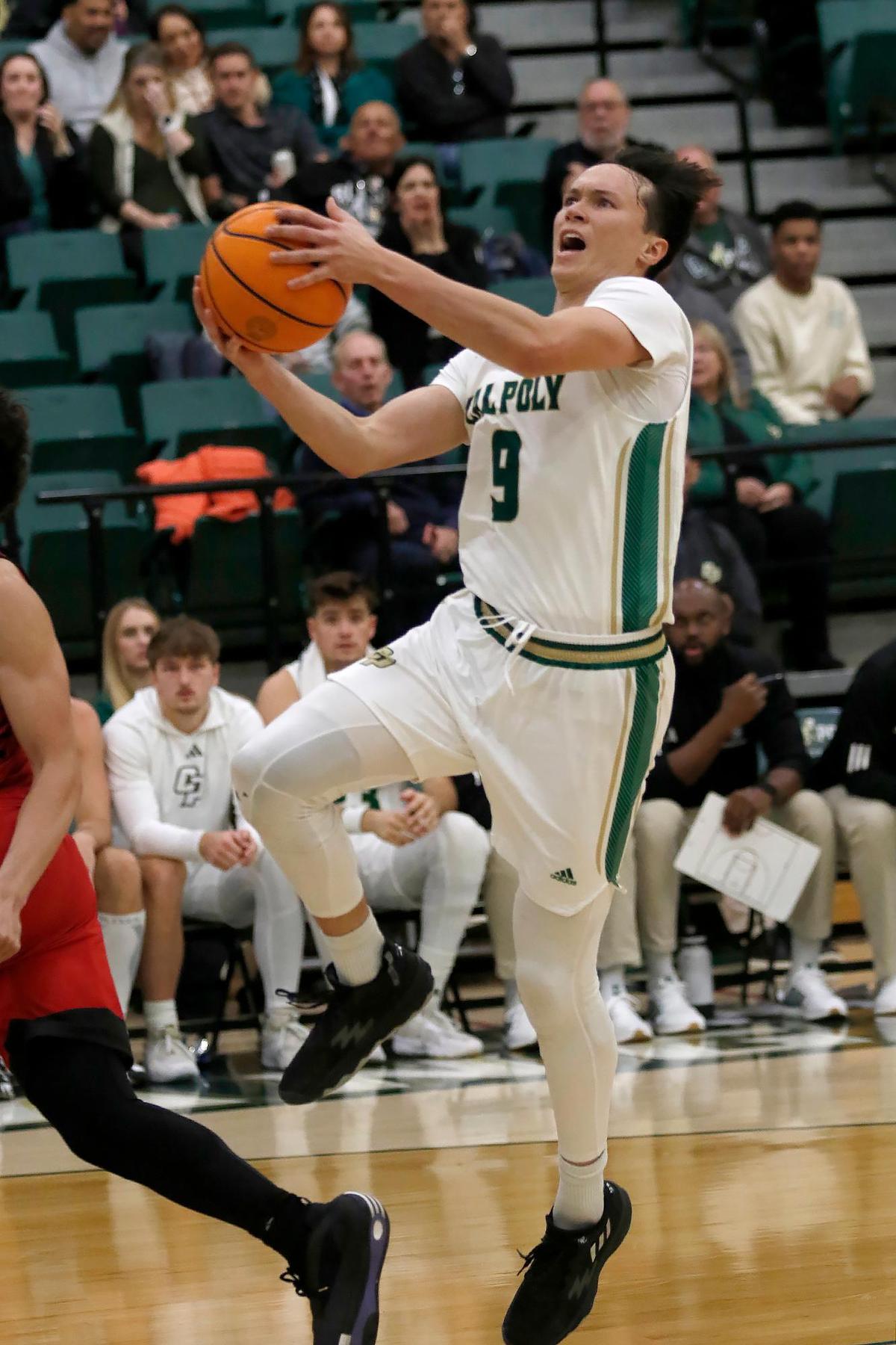 Cal Poly’s Peter Bandelj goes for a basket. Cal Poly beat Seattle University 75-71 in a college basketball game at Mott Athletics Center on Nov. 14, 2024.