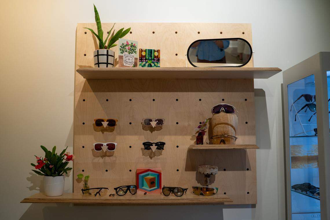 Pairs of glasses on display at Specs by Kyla on Tuesday, April 14, 2026.