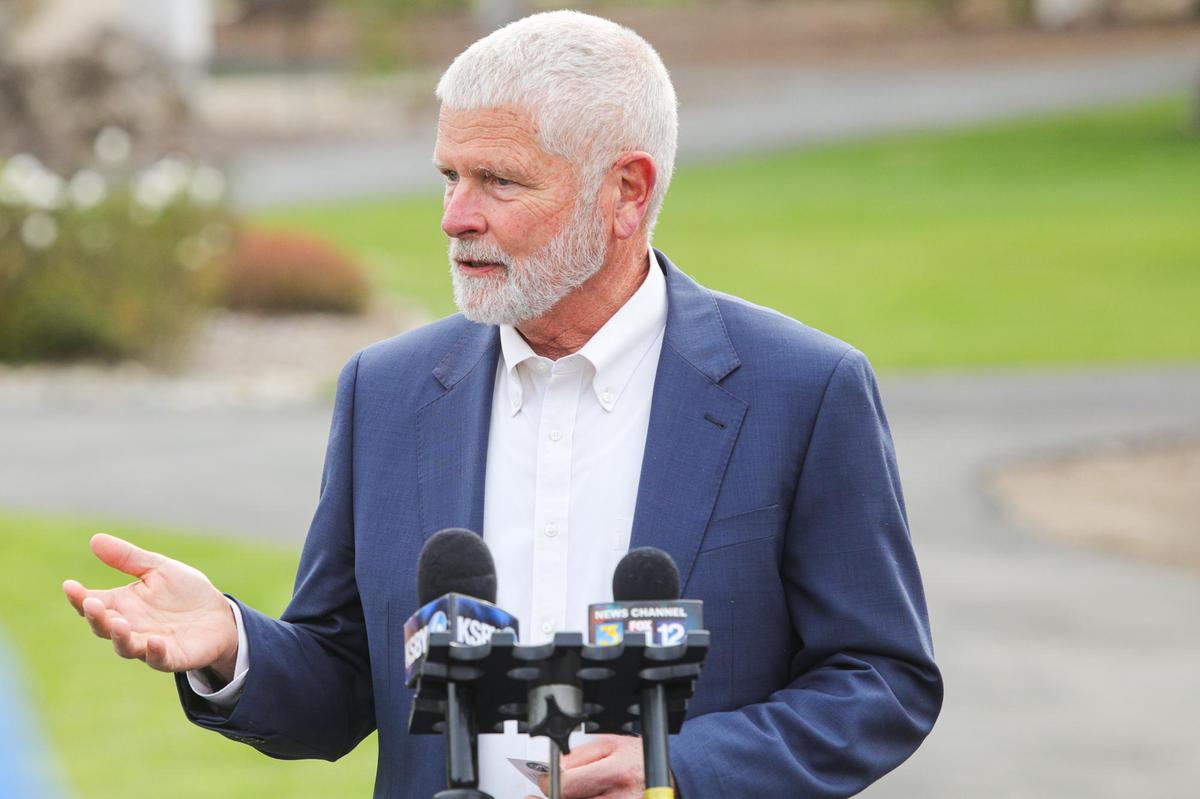 San Luis Obispo County Supervisor Bruce Gibson speaks during California Gov. Gavin Newsom’s visit to the vaccination site at Cuesta College.