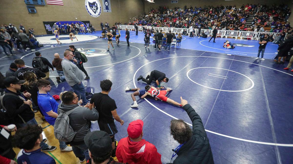 Seven mats were in the main gym and three more were in the old gym as over 900 wrestlers from across California came to Morro Bay to attend the California Invitational Tournament on Jan. 19, 2024.