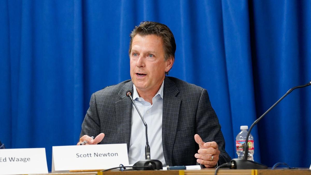Pismo Beach City Council member Scott Newton participates in a League of Women Voters candidate forum Thursday, Oct. 10, 2024. Newton is running for reelection to the City Council.