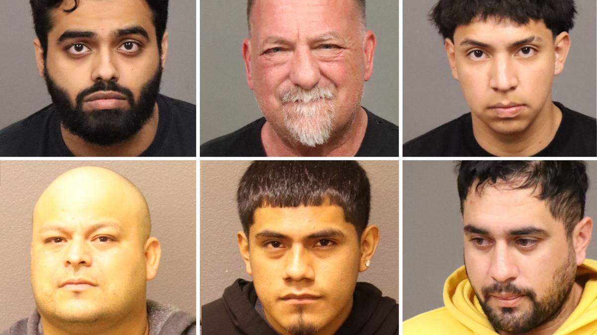 Six people were arrested in an sex-trafficking enforcement operation, clockwise from top left, Singh Ashvir, Stephan Mueller, Gael Pita Abarca, Gonzalo Luna-Penafort, Arturo DeLeon and Esteban Ceja.