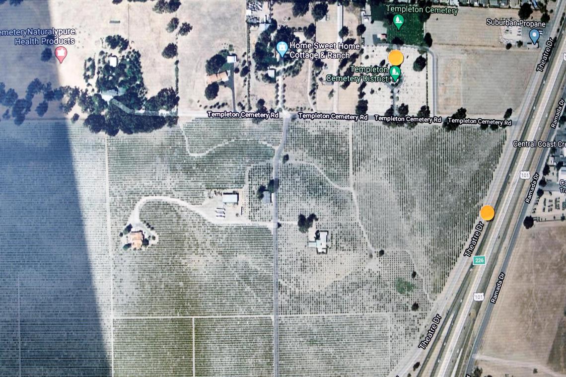 An aerial photograph shows the two scenes of Thursday’s shooting in Templeton. The upper orange dot is the cemetery where a white supremacist gang member shot an injured a sheriff’s deputies. The other dot on Theatre Drive is where the suspect engaged in a shootout with other deputies and was killed.