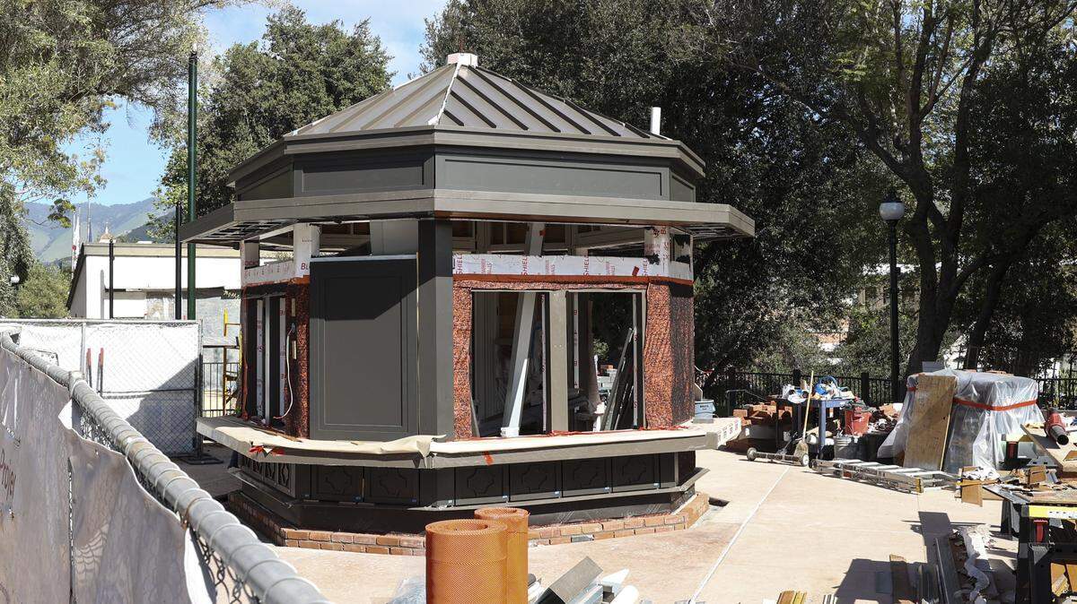 The cafe kiosk takes shape as work continues during Mission Plaza upgrades on March 9, 2026.