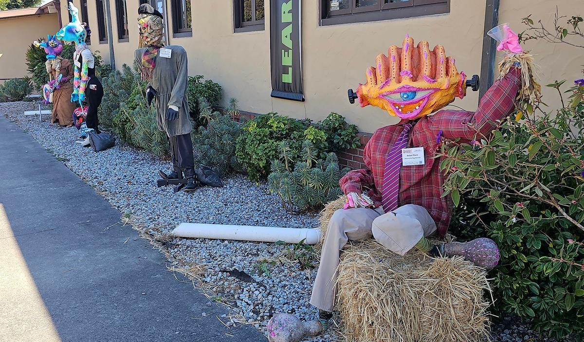 Cambria’s Scarecrow Festival is back. It runs the entire month of October. Whimsical alien scarecrow sculptures in front of Cambria Center for the Arts