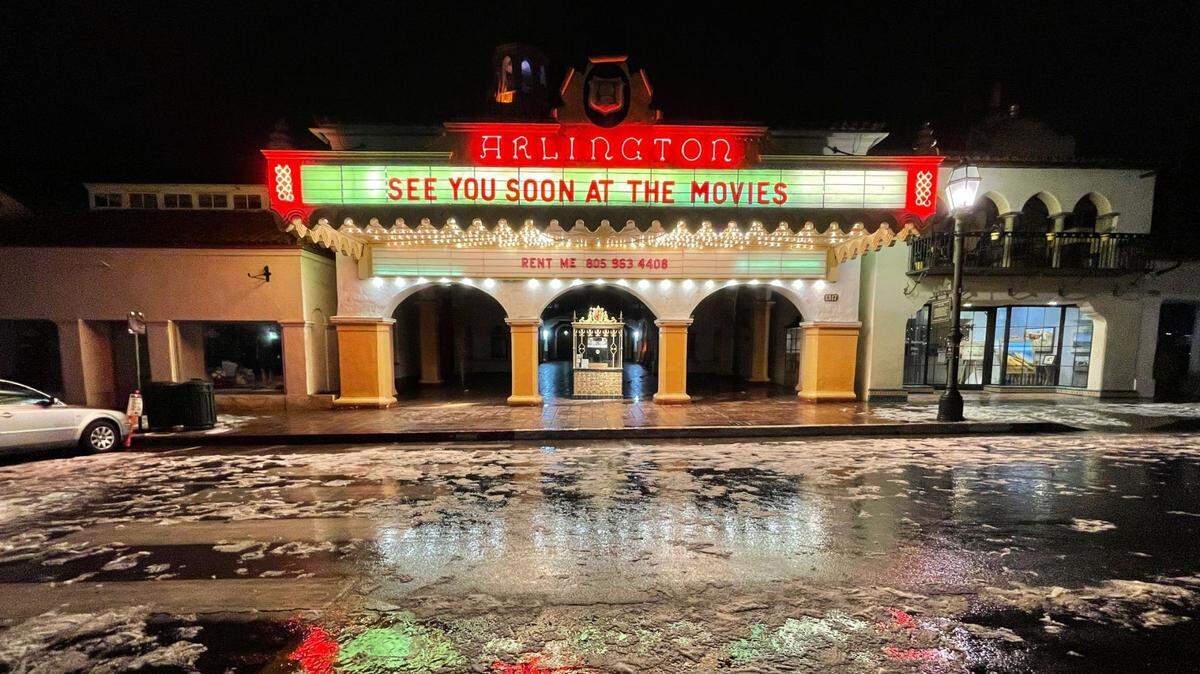 A heavy blanket of hail gives the Arlington Theatre in Santa Barbara an unusual appearance Wednesday night.