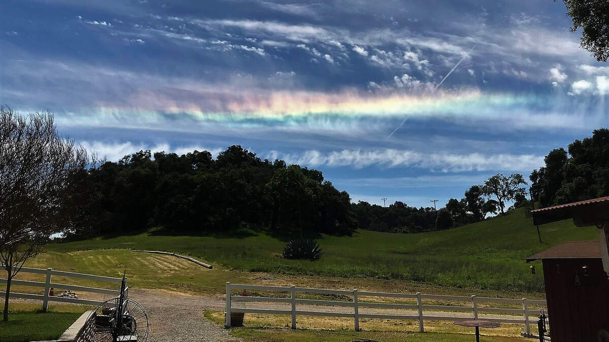 Caused by diffraction or the bending of the light waves through the ice crystals in cirrus clouds, a spectrum of colors produces circumhorizontal arcs much like the way that light passes through a prism.